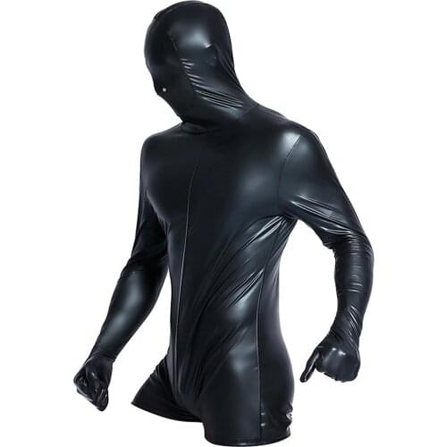 Men PVC Leather Catsuit Sexy Lingerie Faux Leather Night Club Bodysuit Gay Fetish Hooded Jumpsuit Zipper Erotic Wear Costumes