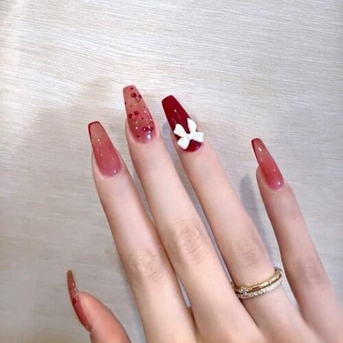 24Pcs/set Artifical Wearing False Nails White Bowknot Cherry Full Cover Fake Nail Art Tips Finished Removable Press on Nails X31