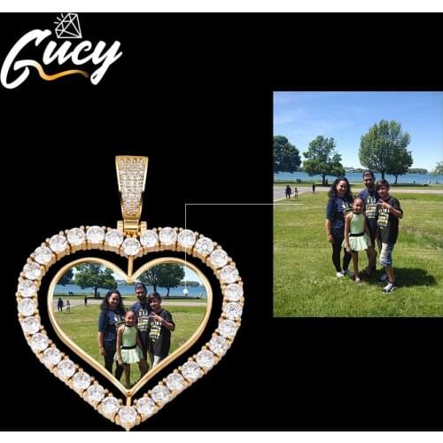GUCY Custom Made Photo Rotating Double-Sided Heart Pendant Necklace 4mm Tennis Chain Zircon Mens Hip Hop Jewelry