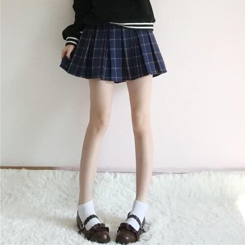 Sweet Womens Winter Casual Pleated Plaid Mini Skirt Empire Waist Woolen Short Skirt Navy Blue & Khaki Korean
