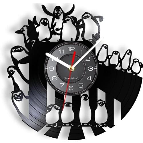 Cute Penguins Silent Non Ticking Wall Clock For Baby Room Animal Decor Rookery Shadow Art Vinyl Record Modern Hanging Watches
