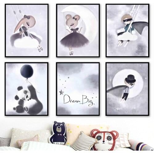 Cartoon Moon Rabbit Mouse Panda Cloud Balloon Wall Art Canvas Painting Nordic Poster And Prints Wall Pictures Kids Room Decor