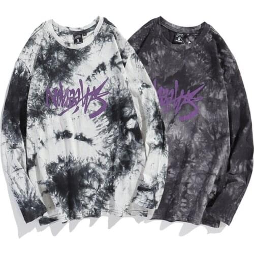 Mens Tie Dye Print O Collared Cotton T Shirt 2021 Spring New Harajuku Long Sleeve T-shirt Fashion Loose Man Graphic Tee Shirts