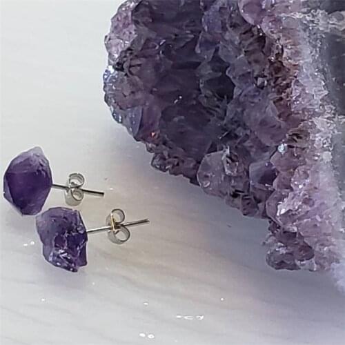 Raw Polished Amethyst Stud Earrings with Stainless Steel Natural Stone Birthstone Rough Crystal Boho Small Minimalists Jewelry