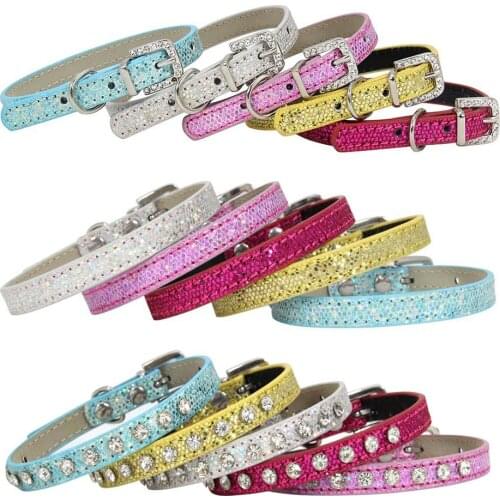 New Cute Rhinestone Collar Cat Adjustable Dog Necklace Bling Kitten Puppy Pet Collars Leather Accessories for Small Dogs Stuff