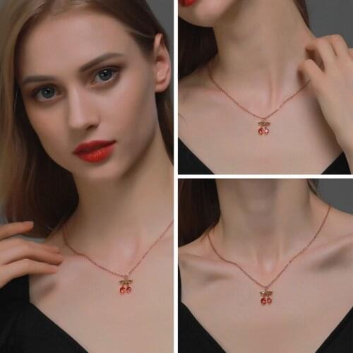 Hot Selling Sweet Little Cherry Necklace Female Copper Inlaid Zircon Fruit Pendant Necklace Winter Wild Sweater Chain