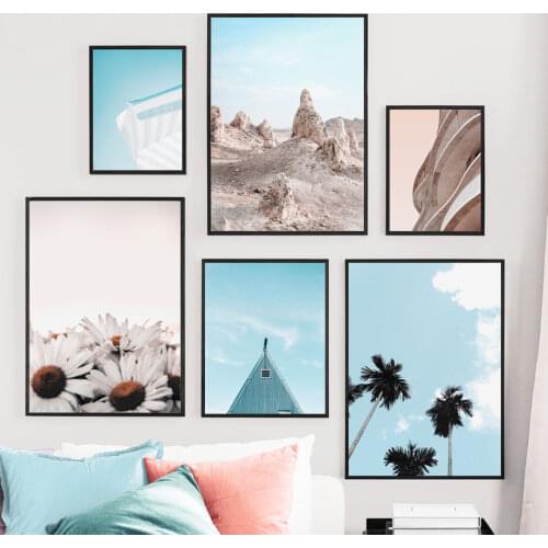 Chamomile Coconut Tree Wall Art Blue Sky Canvas Painting Nordic Posters and Prints Nature Landscape Pictures for Home Decor