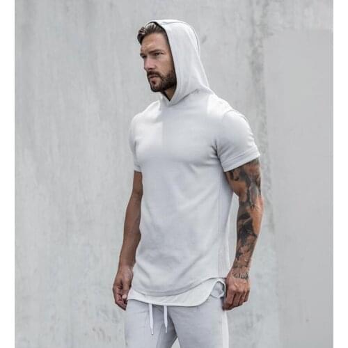 Sport T Shirt Men Cotton Short Sleeve Hooded Sweatshirt Running T-Shirt Sportswear Bodybuilding Fitness Shirt slim fit Gym shirt