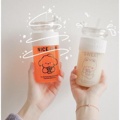 Large Capacity Glass Water Cup Cartoon Outdoor Portable Cup Girl Heart Anti Scalding Ring Straw Cup Childrens Christmas Gift