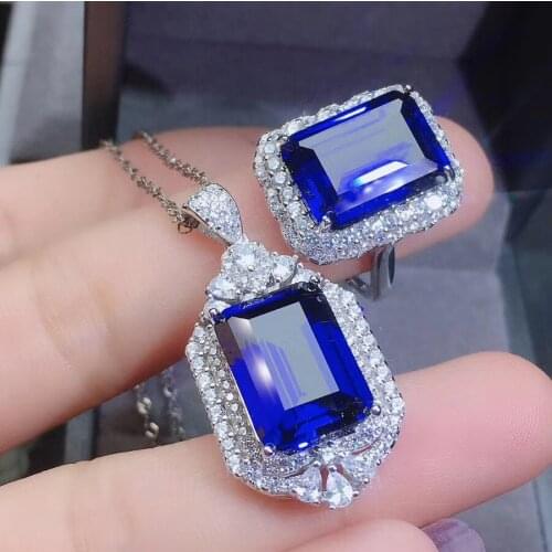 The Best Wedding Gift Real Natural Sapphire jewelry set Natural Real Sapphire 925 sterling silver 1pc pendant,1pc ring