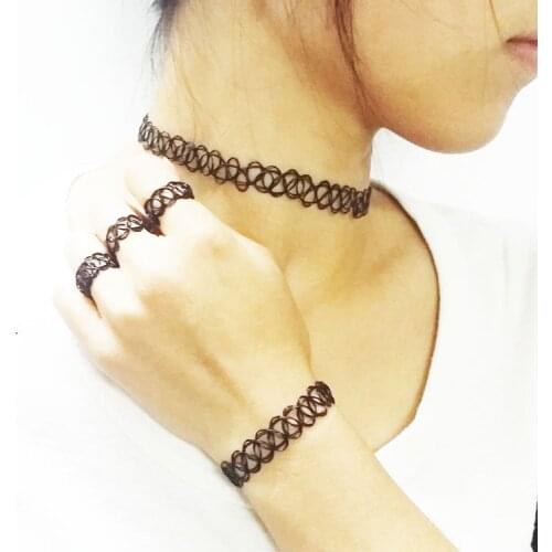 2019 Vintage Hippy Stretch Magic Tattoo Choker Necklace Bracelet ring Elastic Chocker Jewelry set for women gift