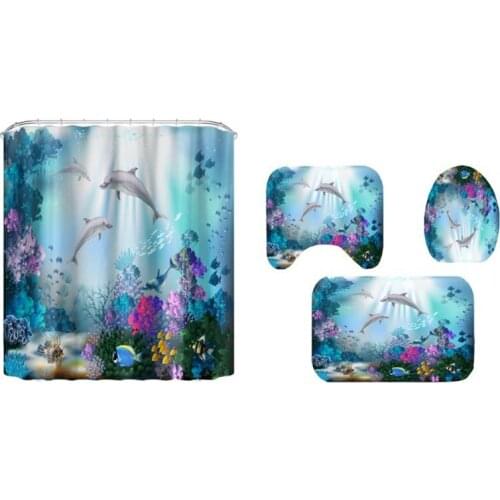 3D Ocean Dolphin Shower Curtain Waterproof Toilet Cover Lid Bath Curtain Floor Mat for Bedroom