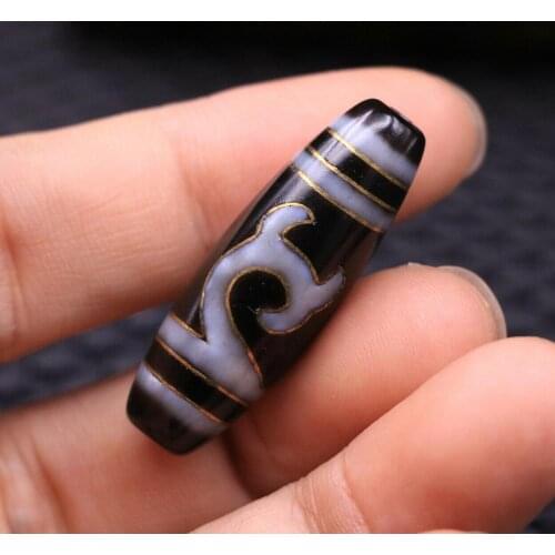 Magic Tibetan Old oily Agate RUYI HOOK Gold Inlay dZi Bead Amulet 38mm