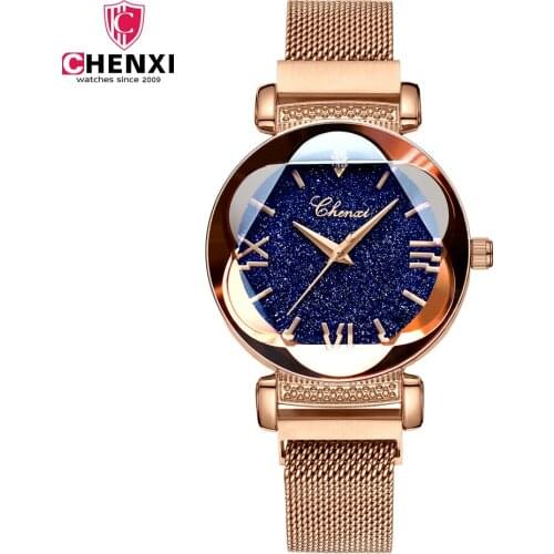 CHENXI Rose Gold Women quartz Watches Luxury Starry sky mesh band Magnet Buckle Fashion Casual Roman Numeral Female Wristwatch