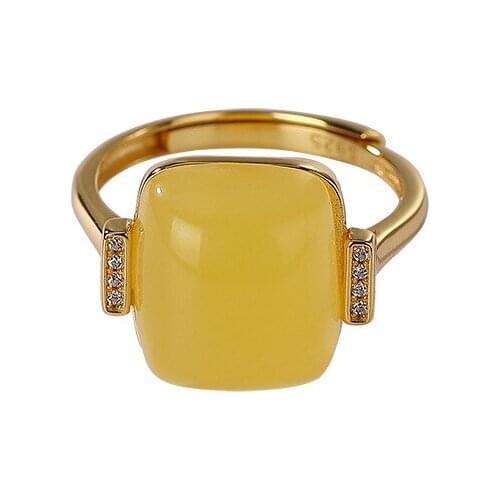 S925 sterling silver gold-plated natural amber ring retro personality and minimalism square Womens Open ring