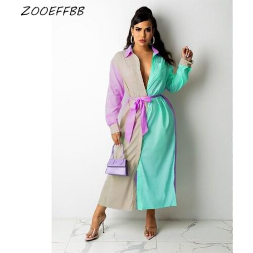 ZOOEFFBB French Elegant Maxi Dress Women Patchwork Loose Birthday Outfits Sashes Shirt Dresses Fashion Streetwear Casual Clothes