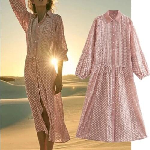 DUISNENA boho dress pink floral hollow out embroidery women dresses casual midi long sleeve spring autumn robe mujer vestidos