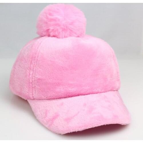 Girls Winter Fleece Hat Pink Pom Baseball Cap Plain Curved Bill Adjustable Snapback for Kids 5-10 Years