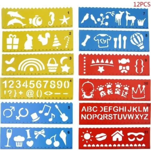 12Pcs Kids Cartoon Drawing Molds Ruler Plastic Children Painting Stencils DIY Paper Art Craft Card Label Scrapbook Bookmark Toy