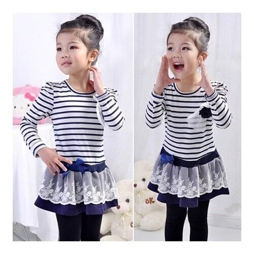 2017 girls striped dresses girls stripe princess navyblue brown white flower top clothes tops clothing Corsage free shipping