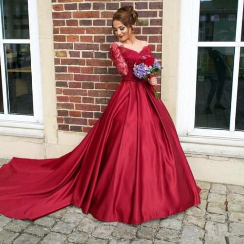 2019 Arabic Lace Evening Dress Long Sleeve Burgundy V-Neck Ball Gown Plus Size Dress Wear Party Gowns