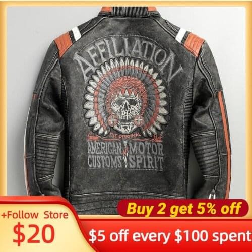 2021 Vintage Black American Motorcycle Style Genuine Leather Jacket Men Large Size 5XL Real Natural Cowhide Autumn Skulls Coat