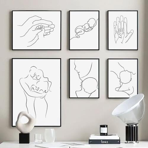 Abstract Black Line Baby and Family Canvas Art Painting Minimalist Wall Decorative Pictures Nordic Home Decor Prints Poster