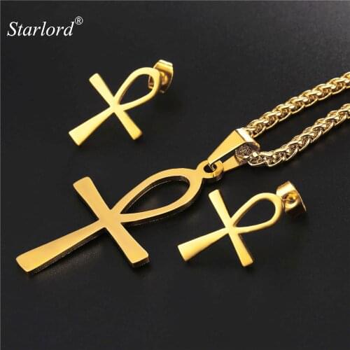 Ankh/Crux Ansata Cross Key of the Nile Necklace&Stud Earrings Stainless Steel/Gold Color Egyptian Symbol Jewelry Set GPE2124