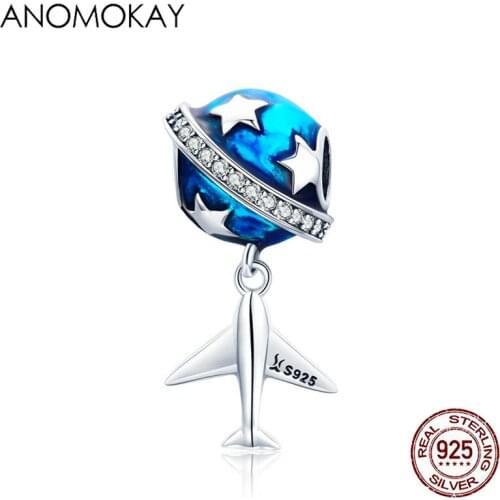 Anomokay 100% 925 Sterling Silver Blue Enamel Star Planet & Plane Charms Pendant fit Bracelets DIY Jewelry