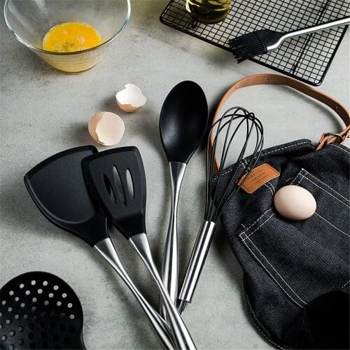 Black Cookware Utensils Black Silicone Shovel Spatula Noodle Soup Spoon Stainless Steel Handle Cook Kitchen Cooking Tools PCS