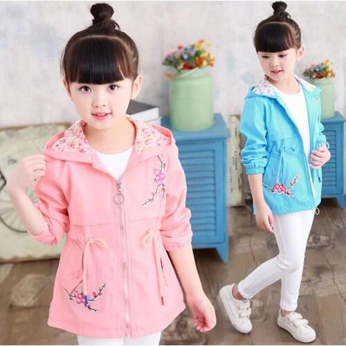 Spring Autumn Windbreaker Coat For Girls Casual Jackets Baby Kids Flower Embroidered Hooded Outerwear 3-9 Year Children Clothing