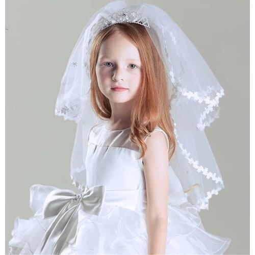Kids Girls First communion Veils Double layers with comb Wedding Flower Girl veilTulle Lace Applique edge Voile Fille communion