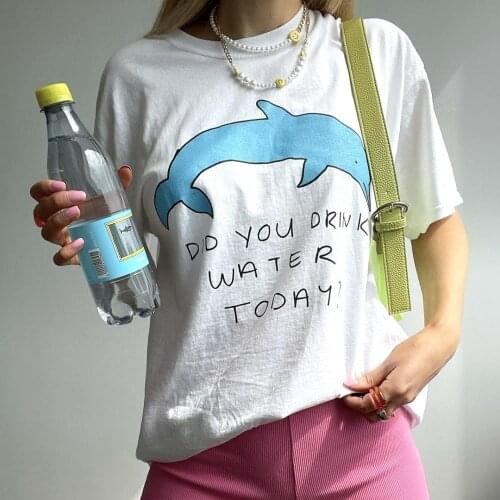 Blue Whale Cute Letter Printed White T Shirts Women Cotton Basic Fashion Tops 2021 Summer New Oversized Streetwear Korean Style