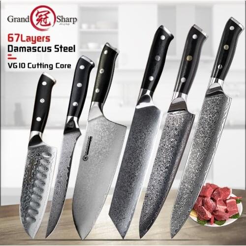 Grandsharp Damascus Knife Set 67 Layers vg10 Japanese Damascus Steel Chef Cleaver Boning Kiritsuke Santoku Kitchen Knives
