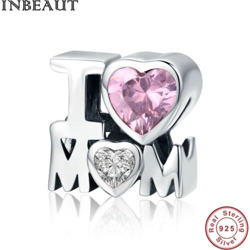 INBEAUT Love Mum Letter Beads 925 Sterling Silver Pink&White Heart Shaped Zircon Stone Charm fit Trendy Bracelet for Women Gift