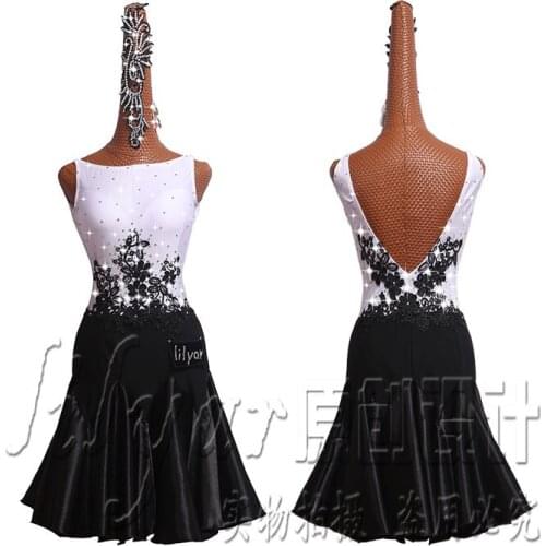 Customized Jiahuixin Latin Dance Competition Dress Performing Dress White and Black Flat Collar Embroidered Hip Skirt