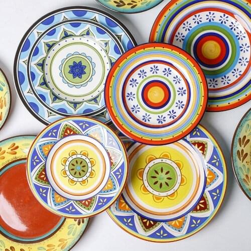 American Ceramic Plates Western Food Steak Pasta Snacks Desserts Soups Salads Hand-Painted Rustic Round Fashion Tableware Plates
