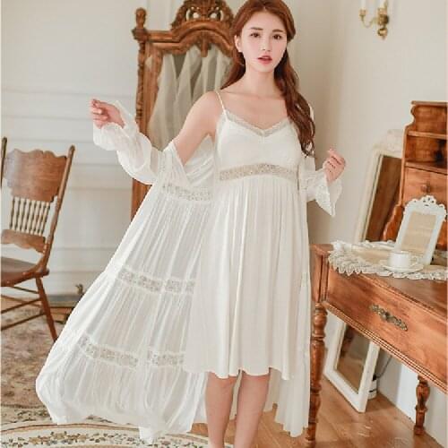 Robe Set Two Pieces Spaghetti Strap Deep V Neck White Cotton Sleepwear Lace Bathrobe Set Luxury Nightgown Long Negligee T668