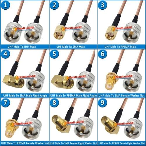 Kit Set PL259 SO239 UHF Male to UHF SMA RPSMA Male & Female Right Angle Washer Bulkhead Mount Nut Pigtail Jumper RG316 Cable