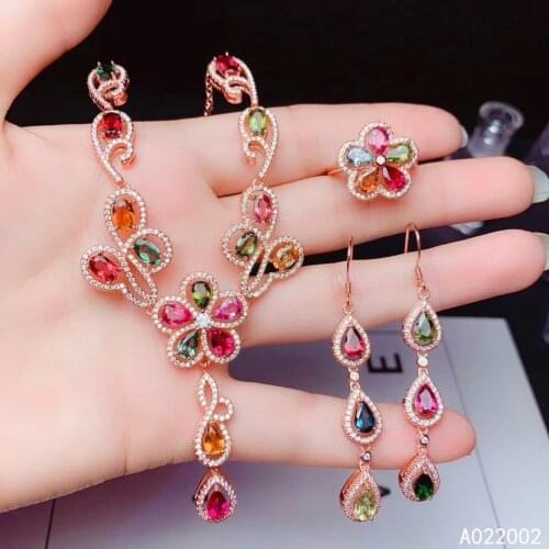 KJJEAXCMY Fine Jewelry 925 sterling silver inlaid natural tourmaline ring pendant earring set luxury supports test