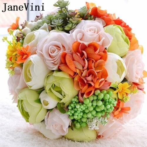 JaneVini Artificial Wedding Flowers Bridal Bouquet Lace Brooch Orange Wrist Corsages Bracelet Mariage Demoiselle D'honneur Fleur