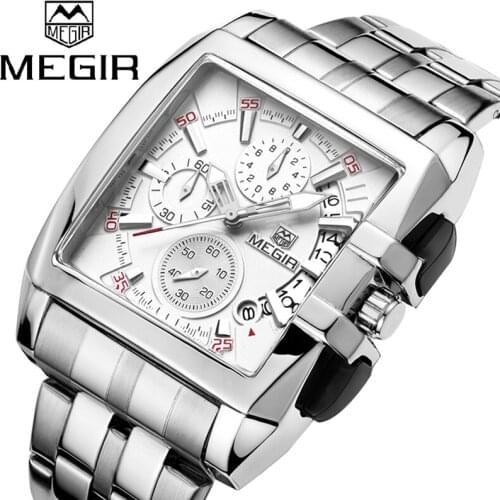 MEGIR Original Luxury Men Watch Rectangle Stainless Steel Mens Quartz Wrist Watches Business Dial Wristwatches Relogio Masculino