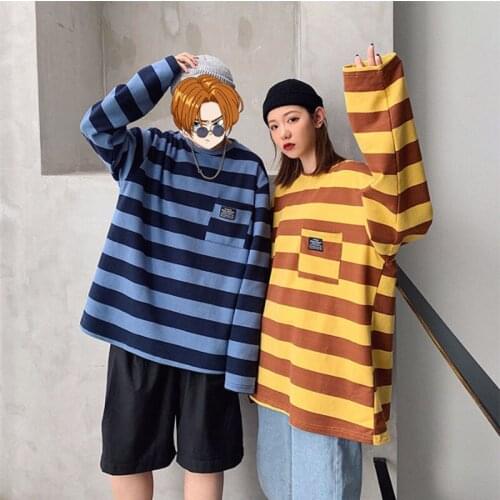 Mens T Shirt Autumn Spring Striped Long Sleeve O Neck Japan Style Harajuku Tops Streetwear Hip Pop Couple Clothing Cotton
