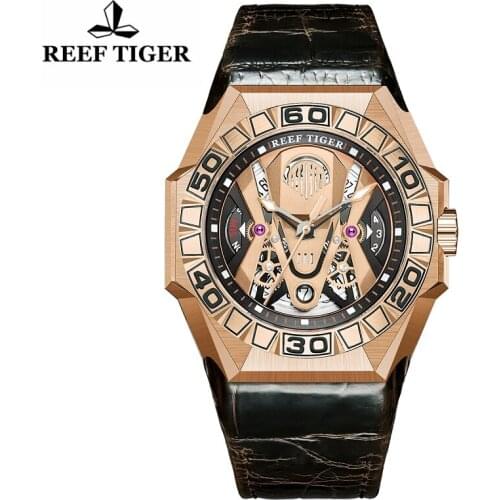 Reef Tiger/RT Top Brand Men Sport Automatic Skeleton WristWatch 200m Waterproof Sapphire Crystal Black Shark Relogio Masculino
