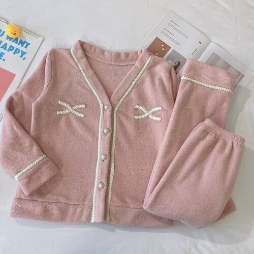 Fdfklak Solid Color Cardigan Pajamas Long-Sleeved Trousers Two-Piece Suit Thicken Warm Home Clothes Womens Sleepwear New