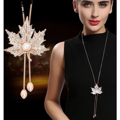 Maple Leaves Cute Simulated Pearl Long Sweater Chain Necklace Vintage Accessary Crystal Collares Mujer Statement Necklace