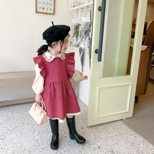 Flying Sleeve Dress Girl Clothes 2021 Kids Dresses Girls A-line Dress Embroidery Dress Retro 2 Pcs Dress for Girl Kids Clothes
