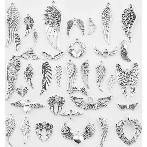 36pcs/set Mixed Angel Wing Charms Pendants Antique Silver Color Wing Charms for DIY Jewelry Making Bracelet Necklace Accessries