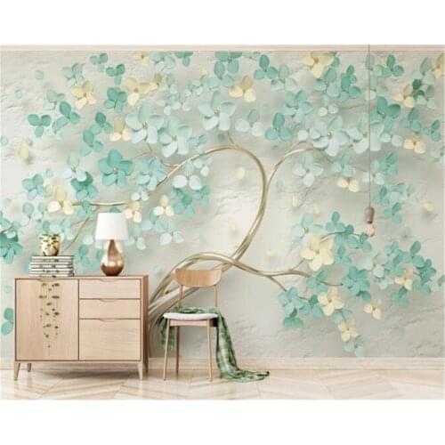 Custom wallpaper small fresh mint green HD silk material flower relief background wall home decoration 3d wallpaper mural