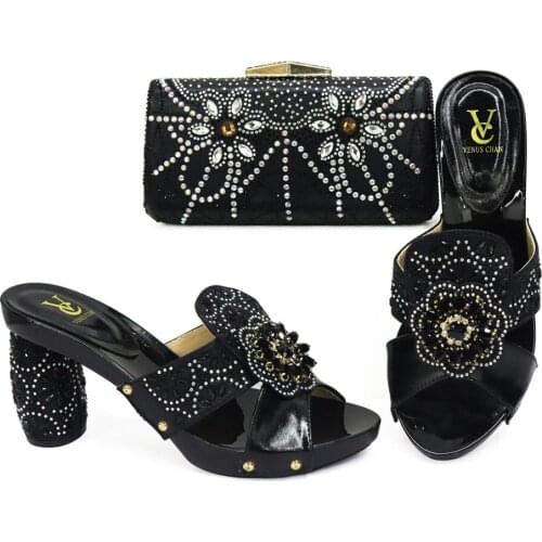 Popular African Women Shoes Matching Bag in Black Color for Wedding Special Design Mature Ladies Sandals with Platform